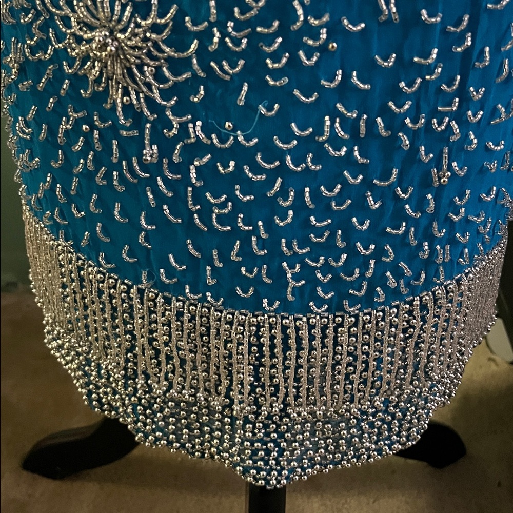 Blue Beaded Dress with Silver Accents - Picture 4 of 6